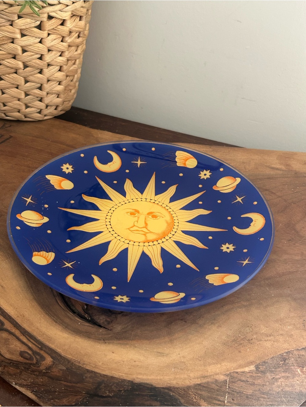 Celestial Sun & Moon Planets Glass Plate 8” Cobalt Blue Yellow silkscreen